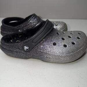 Crocs Classic Glitter Clogs Womens Size 6 Lined Black Silver Slip On Shoes